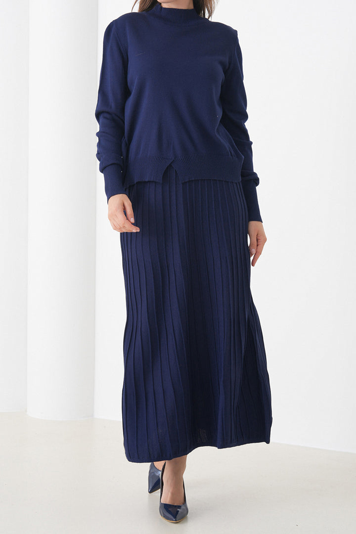 Navy Blue Half Fisherman Collar Sweater and Midi Pleated Skirt Set BCHPK-251253 - Slobozia