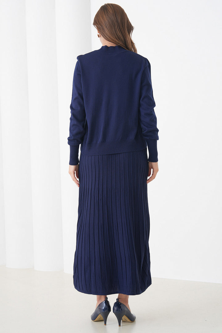 Navy Blue Half Fisherman Collar Sweater and Midi Pleated Skirt Set BCHPK-251253 - Slobozia