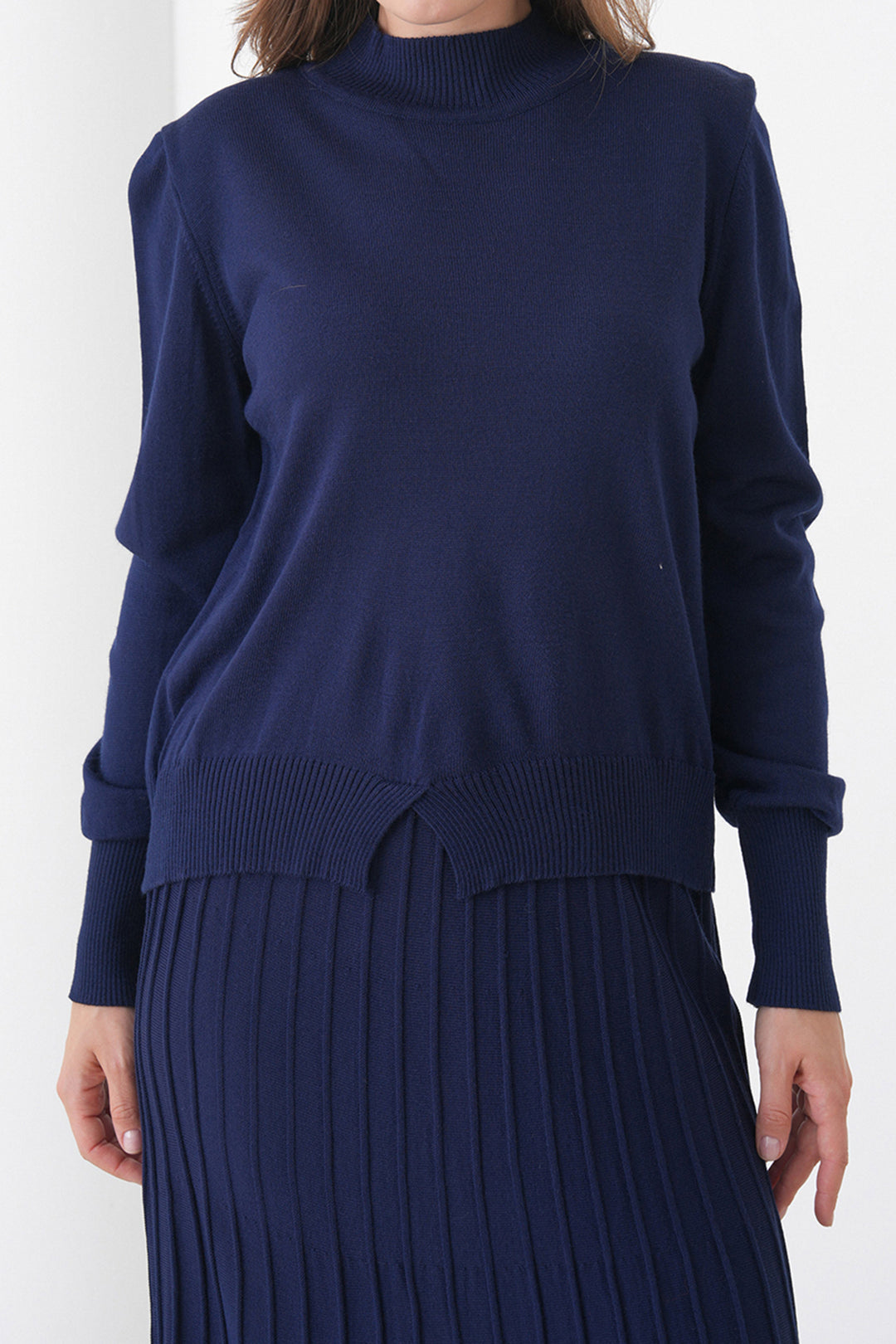 Navy Blue Half Fisherman Collar Sweater and Midi Pleated Skirt Set BCHPK-251253 - Gagny