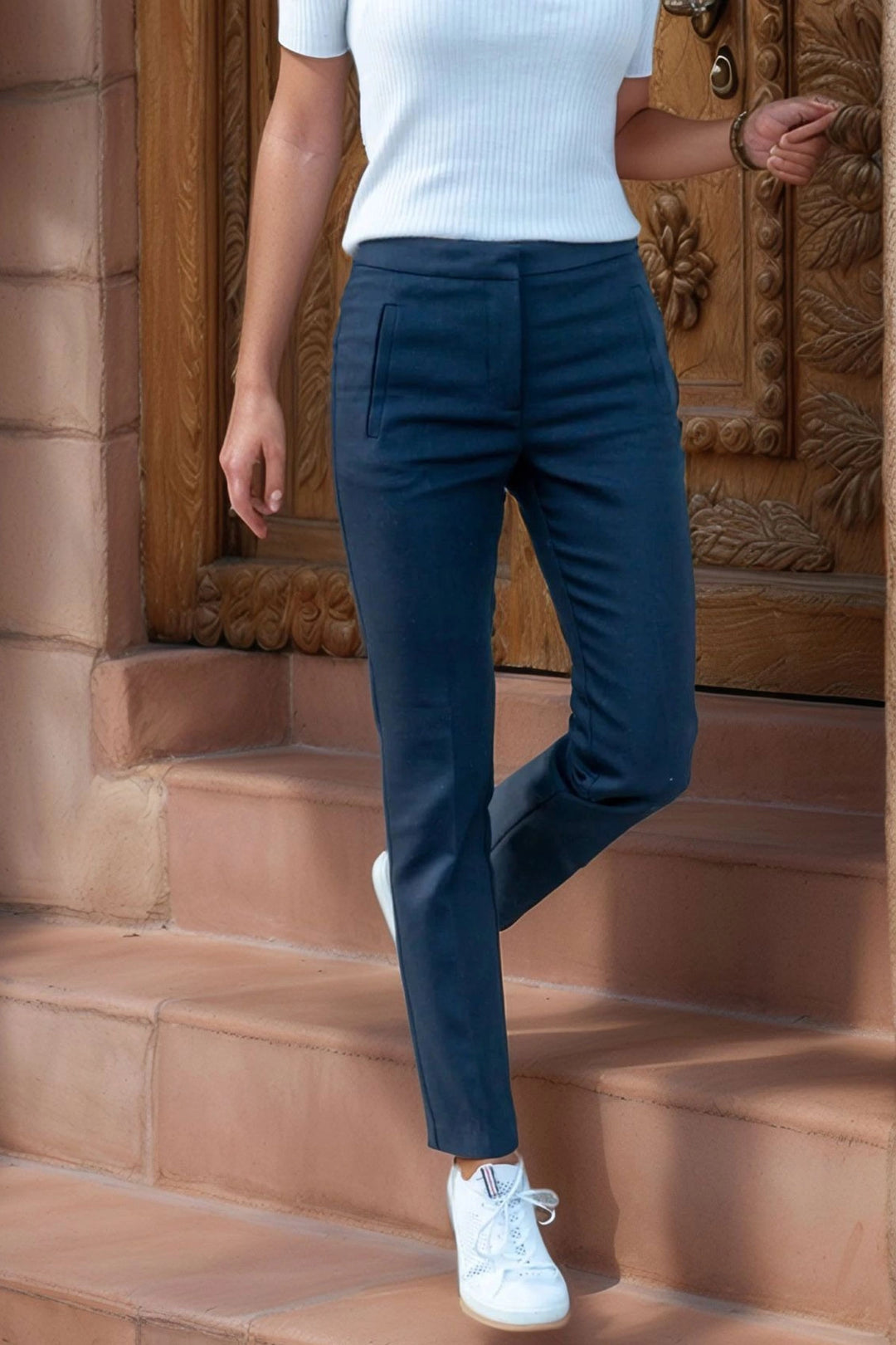 Navy High Waisted Striped Belted Trousers BCBSK-25700-3186 - Bucha