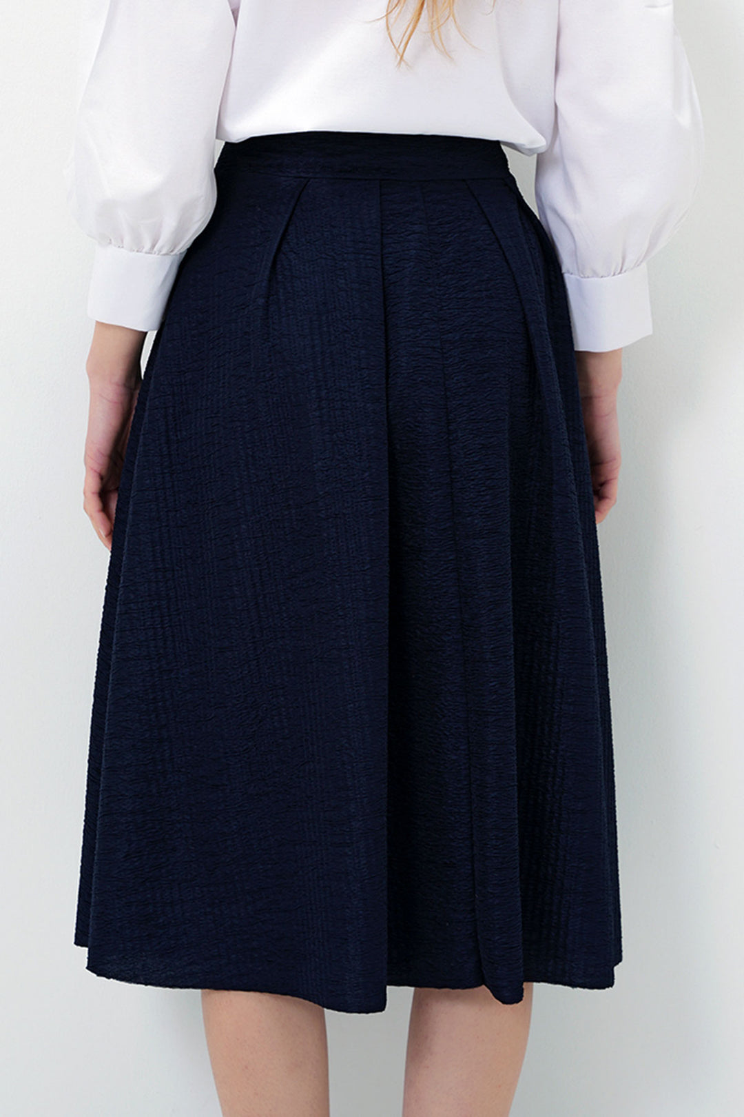 Navy High Waisted Wide Belted Hidden Zipper Textured Midi Skirt BCHNT-251236 - Ninove