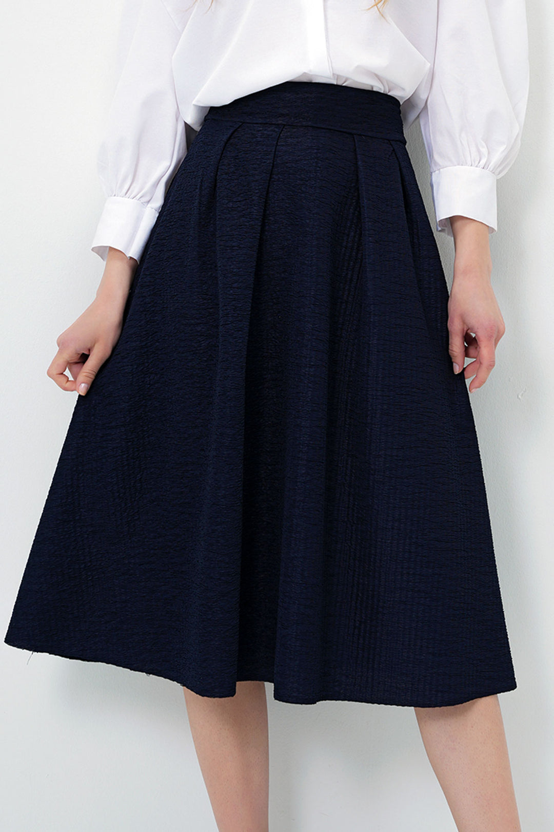 Navy High Waisted Wide Belted Hidden Zipper Textured Midi Skirt BCHNT-251236 - Ninove