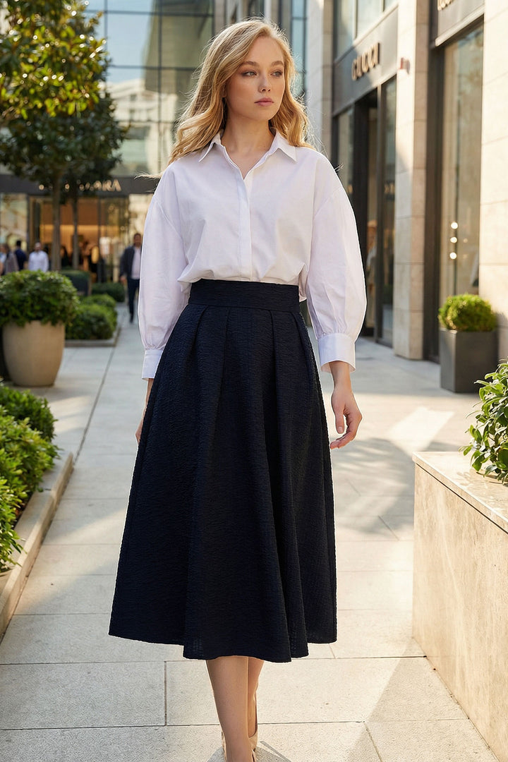 Navy High Waisted Wide Belted Hidden Zipper Textured Midi Skirt BCHNT-251236 - Ninove