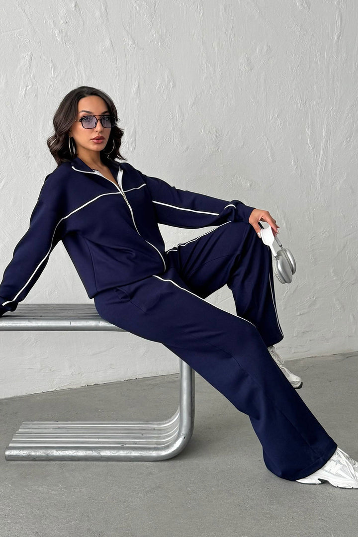 Navy Soft Textured Palazzo Pants and Zippered Sweatshirt Set BCHN-25261024 - Irondequoit