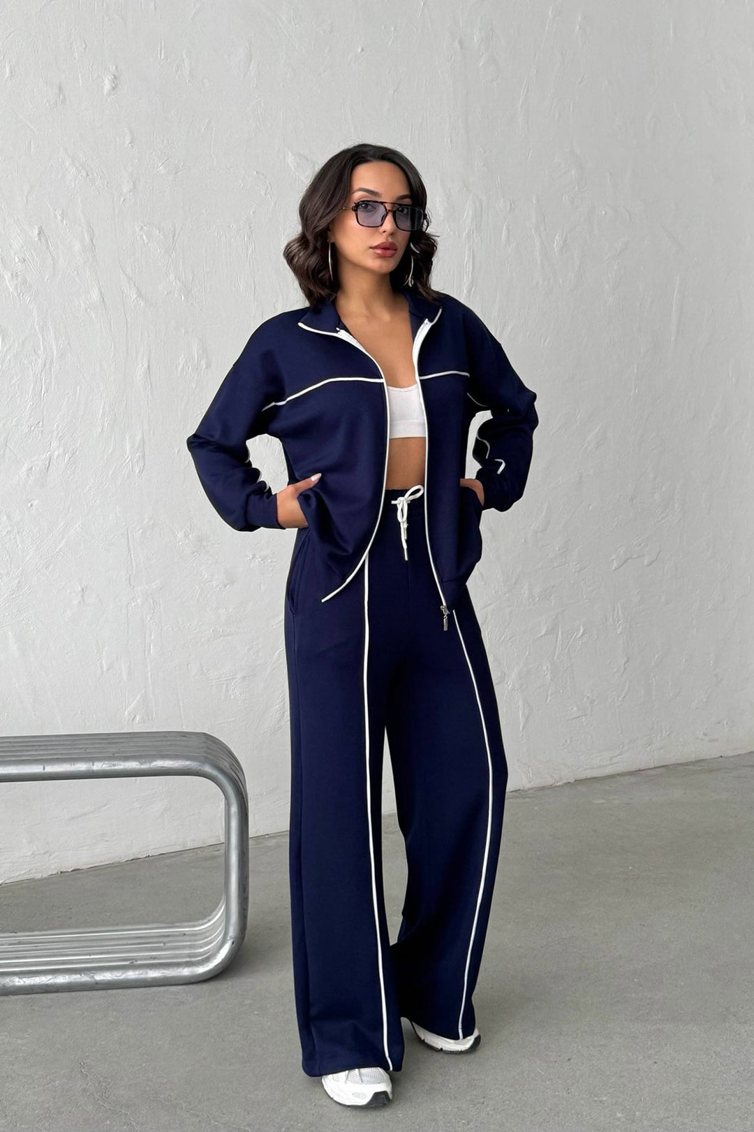 Navy Soft Textured Palazzo Pants and Zippered Sweatshirt Set BCHN-25261024 - Irondequoit