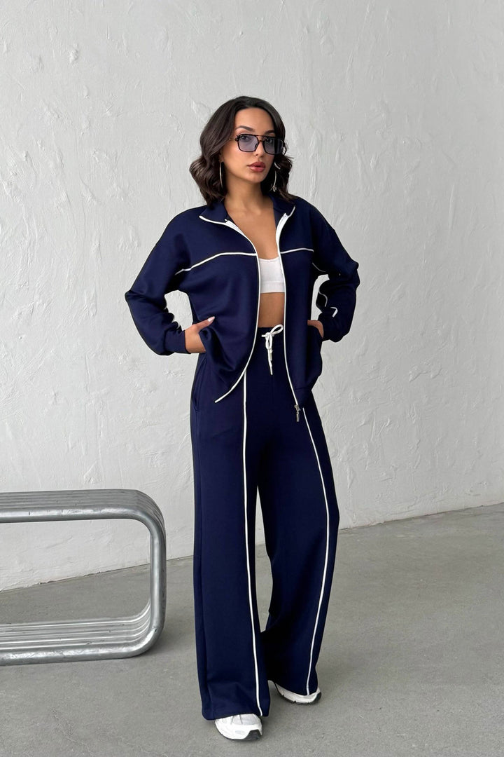 Navy Soft Textured Palazzo Pants and Zippered Sweatshirt Set BCHN-25261024 - Irondequoit
