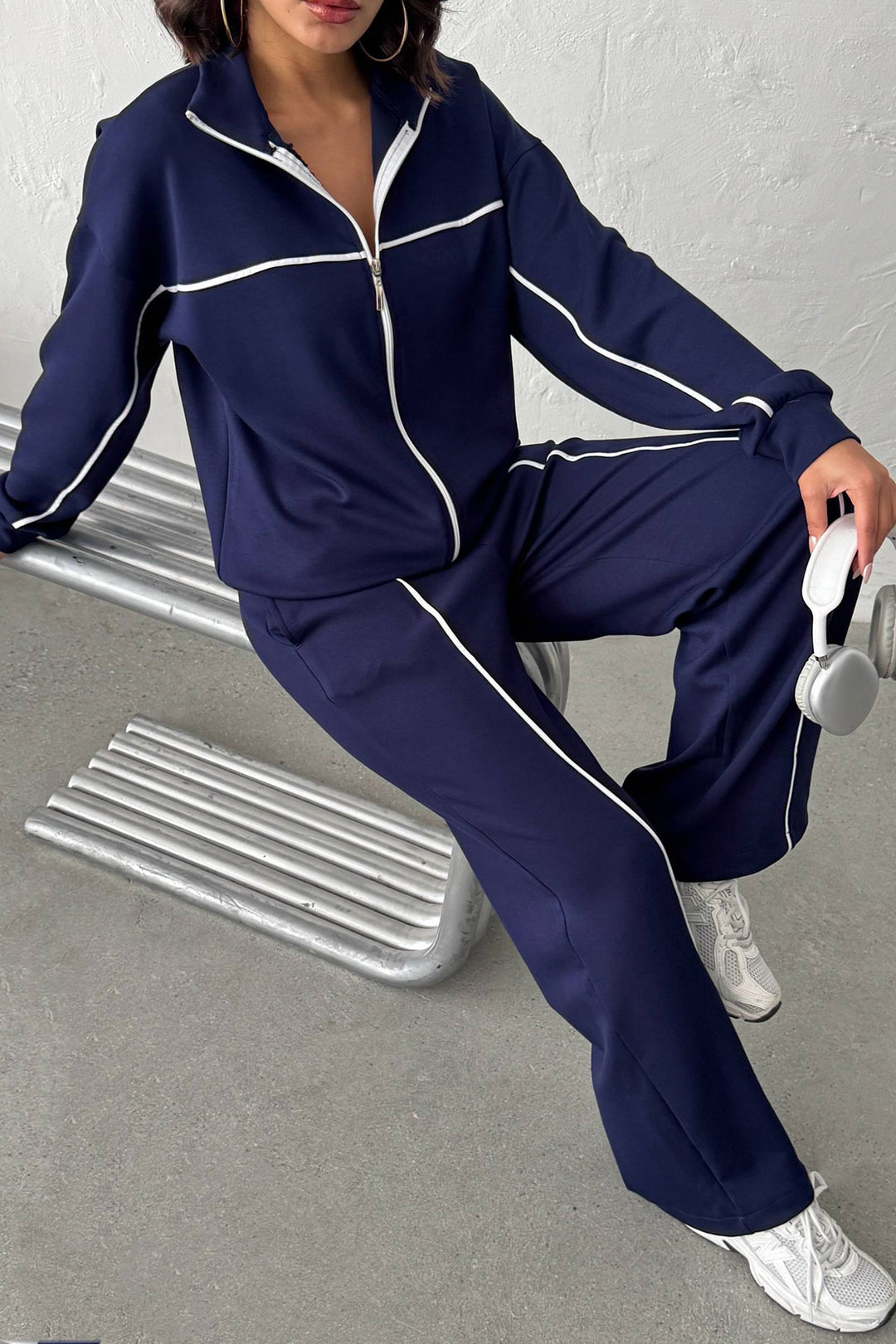 Navy Soft Textured Palazzo Pants and Zippered Sweatshirt Set BCHN-25261024 - Irondequoit