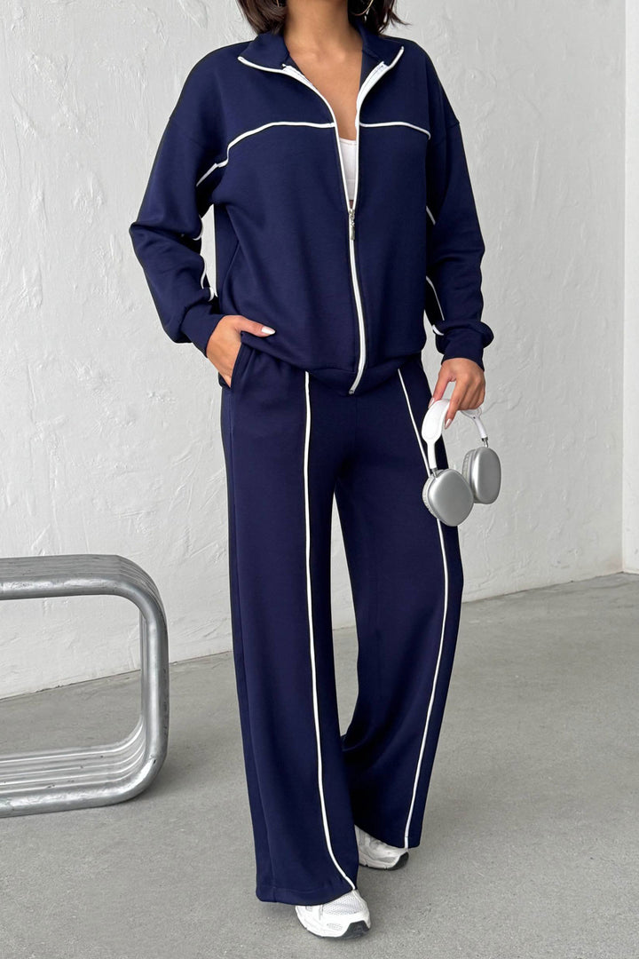 Navy Soft Textured Palazzo Pants and Zippered Sweatshirt Set BCHN-25261024 - Irondequoit