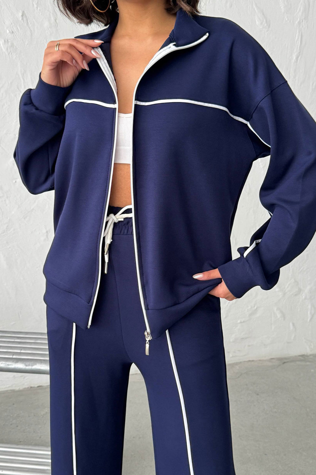 Navy Soft Textured Palazzo Pants and Zippered Sweatshirt Set BCHN-25261024 - Irondequoit