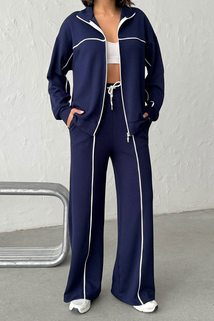 Navy Soft Textured Palazzo Pants and Zippered Sweatshirt Set BCHN-25261024 - Irondequoit