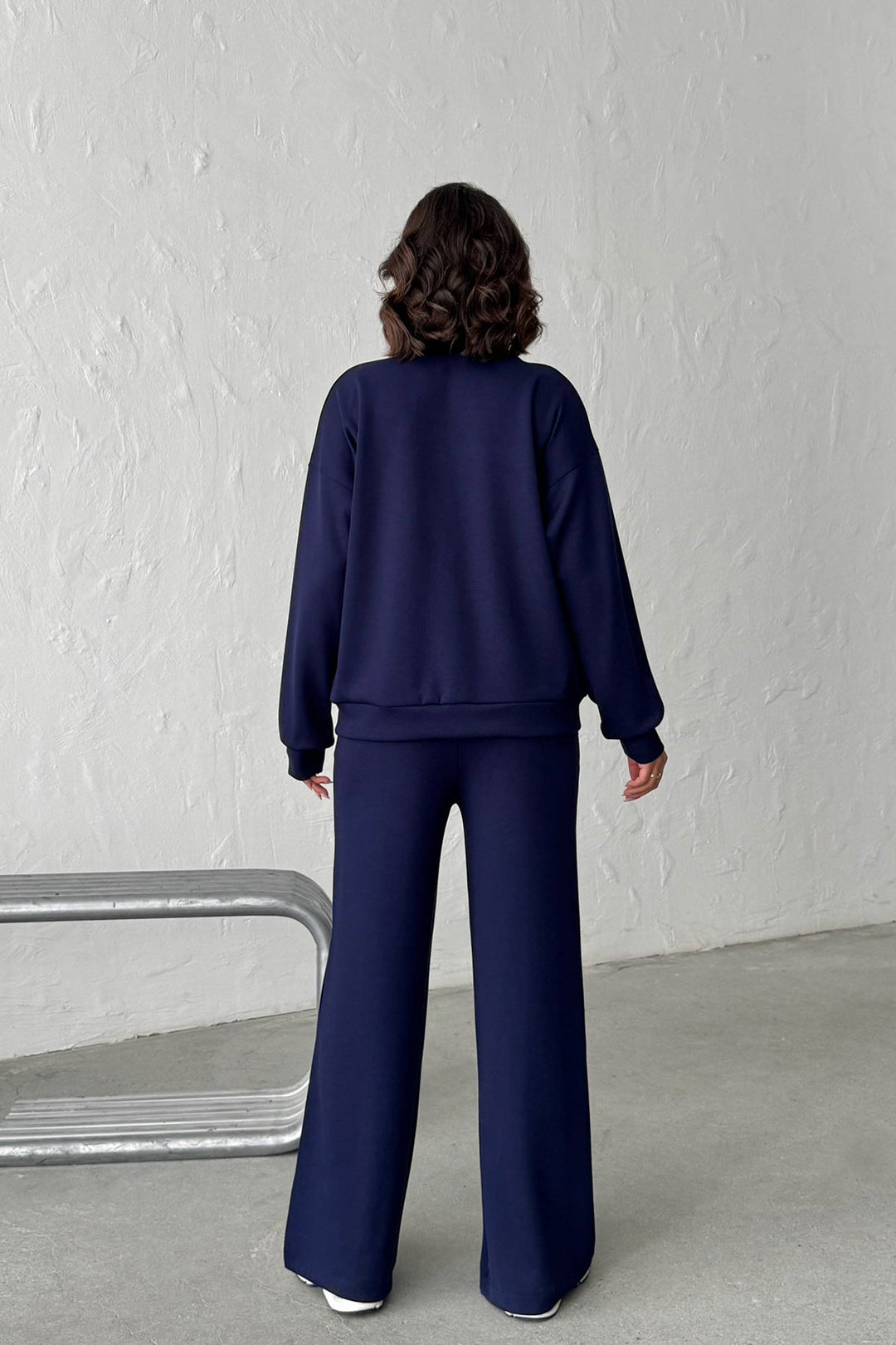 Navy Soft Textured Palazzo Pants and Zippered Sweatshirt Set BCHN-25261024 - Irondequoit