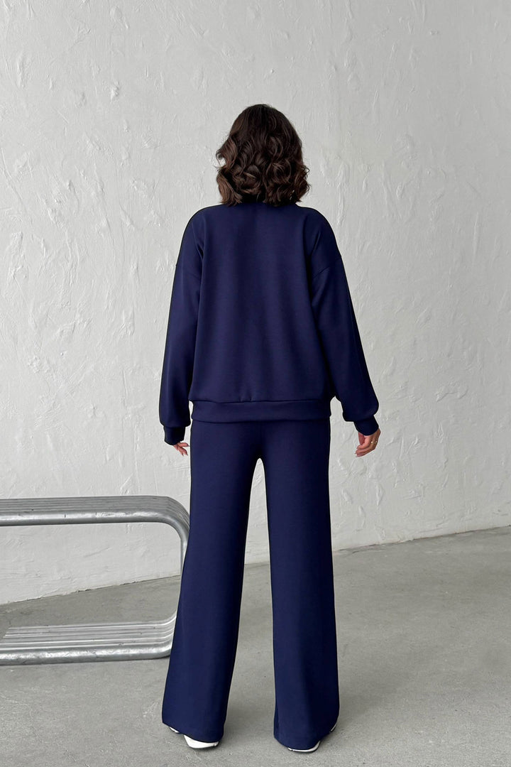 Navy Soft Textured Palazzo Pants and Zippered Sweatshirt Set BCHN-25261024 - Irondequoit