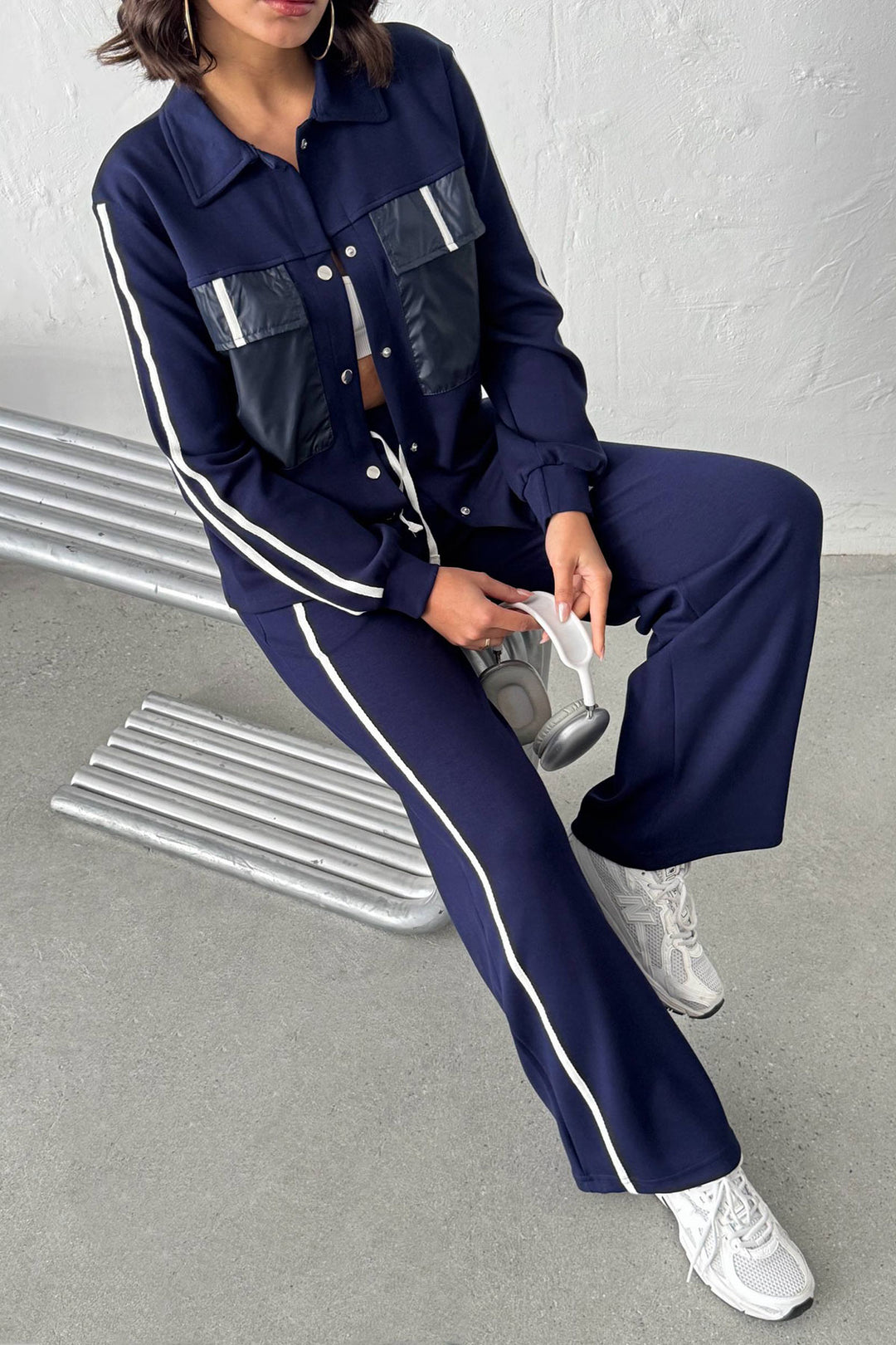 Navy Soft Textured Palazzo Pants and Embellished Shirt Set BCHN-25261025 - Channelview