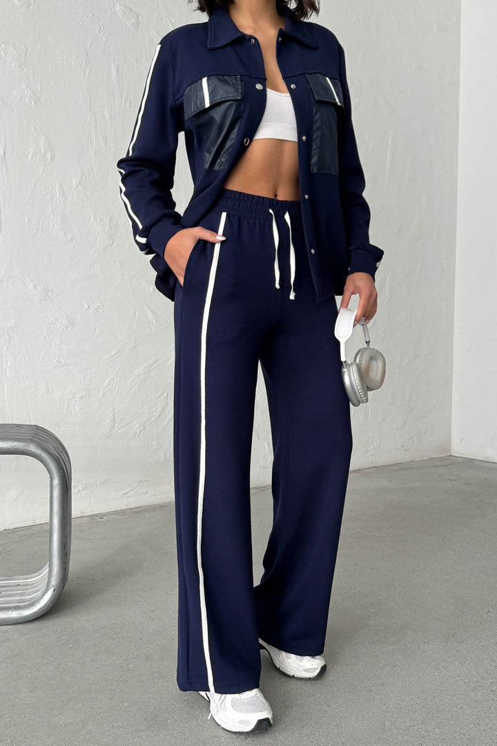 Navy Soft Textured Palazzo Pants and Embellished Shirt Set BCHN-25261025 - Channelview