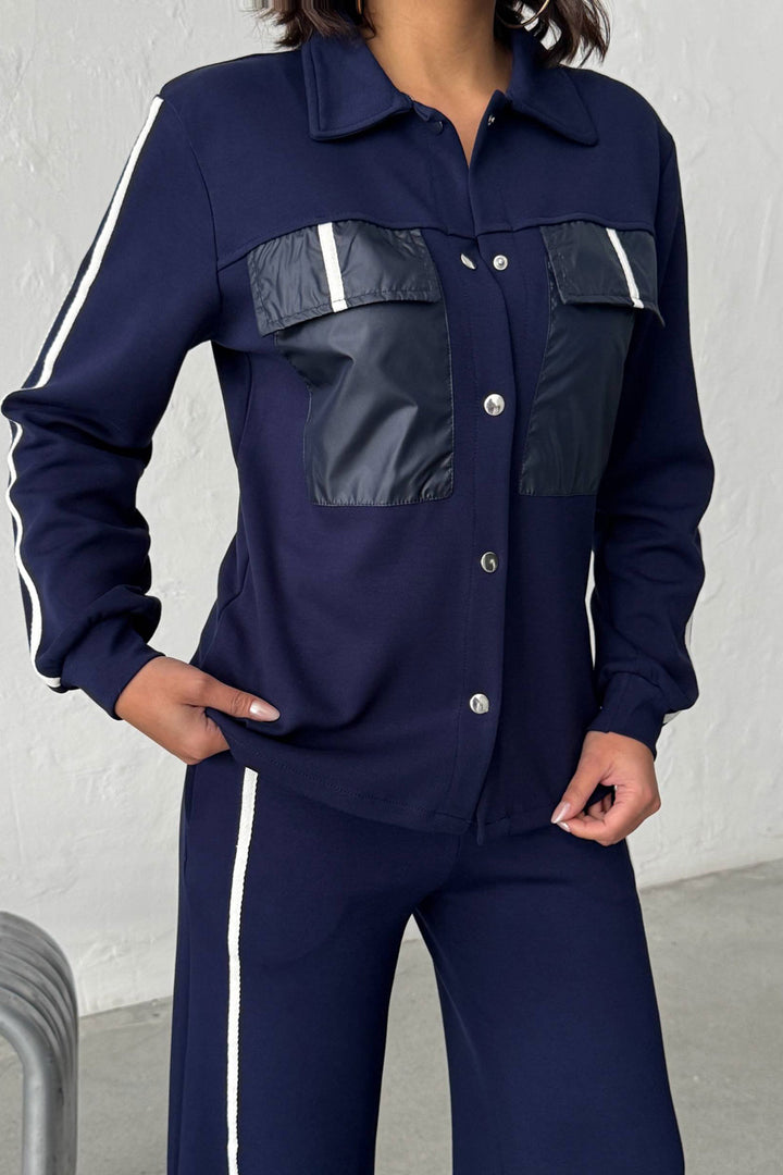 Navy Soft Textured Palazzo Pants and Embellished Shirt Set BCHN-25261025 - Channelview