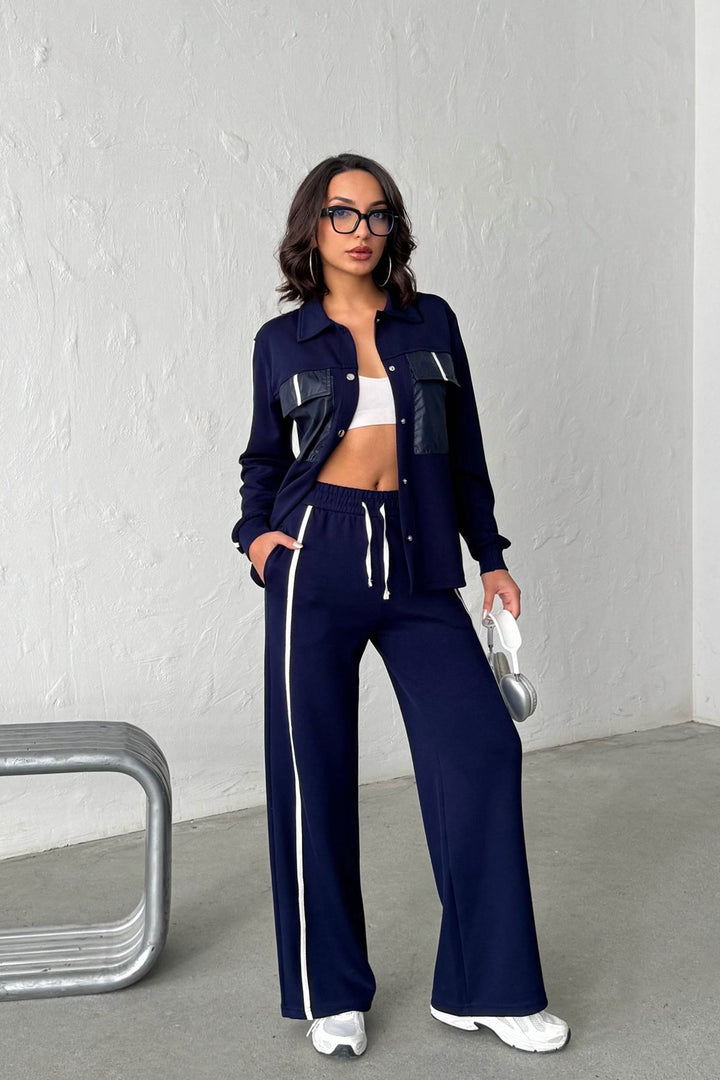 Navy Soft Textured Palazzo Pants and Embellished Shirt Set BCHN-25261025 - Channelview