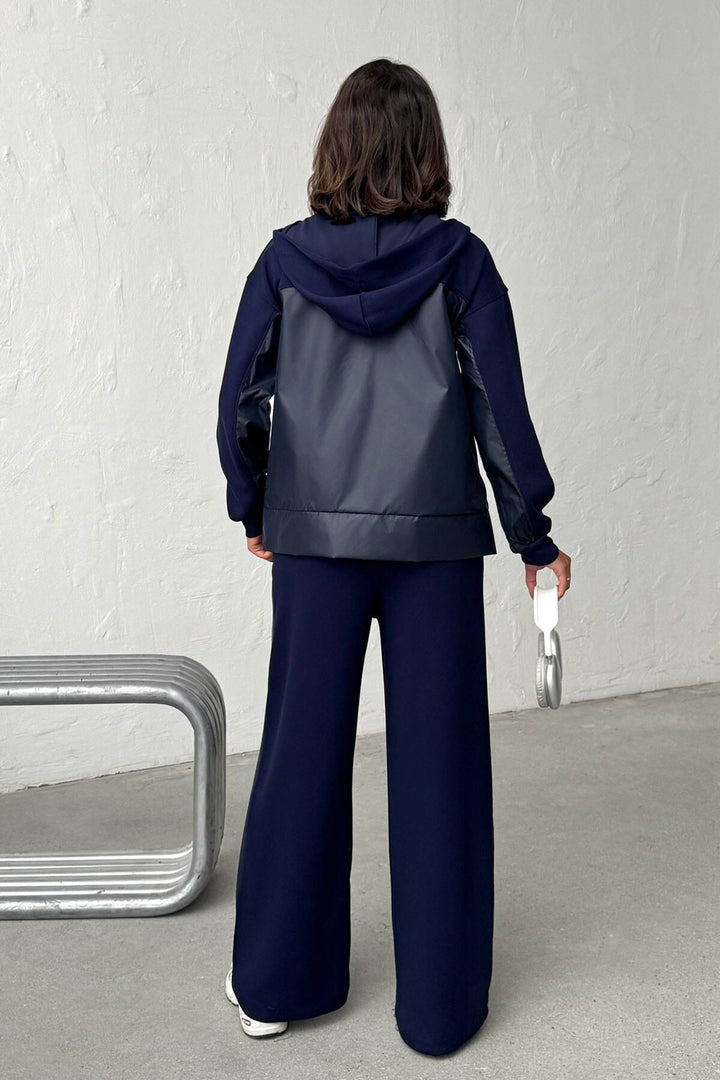 Lacivert Yumuşak Dokulu Garnili Kapüşonlu Sweatshirt Ve Pantolon Alt Üst Takım BCHN-25261023 - Venlo