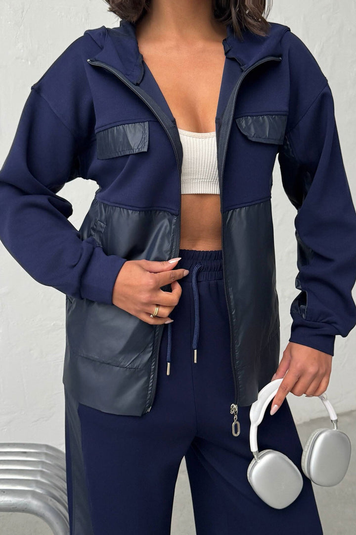 Lacivert Yumuşak Dokulu Garnili Kapüşonlu Sweatshirt Ve Pantolon Alt Üst Takım BCHN-25261023 - Venlo