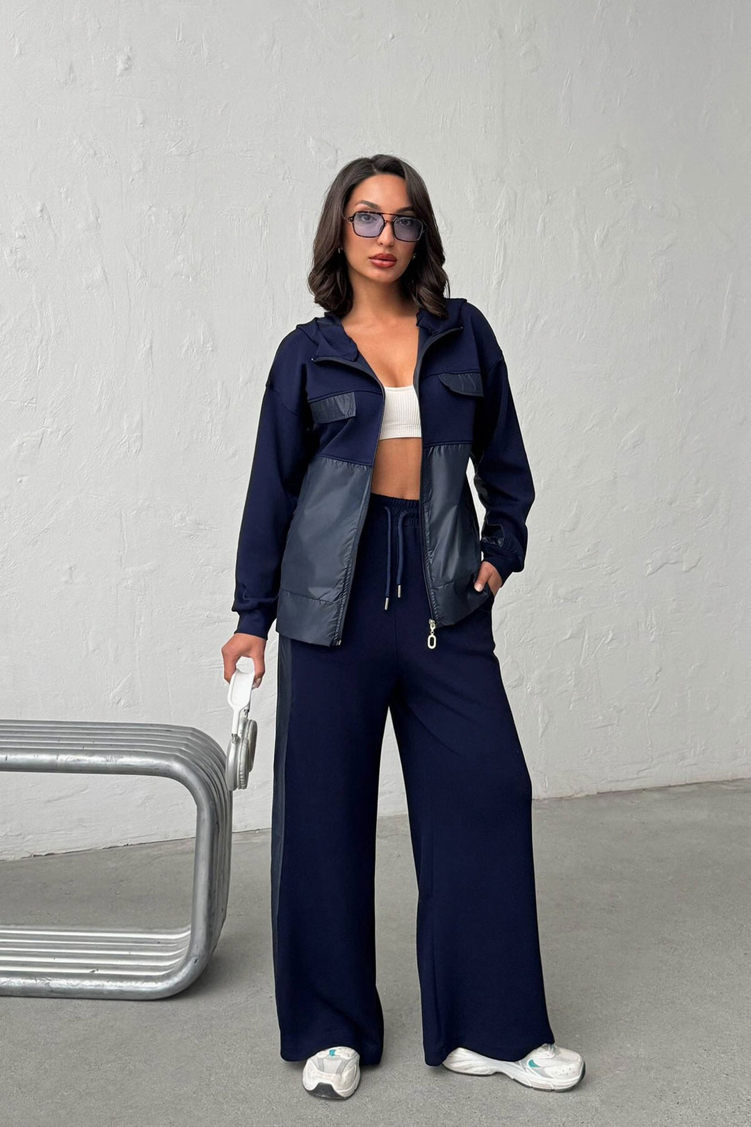 Lacivert Yumuşak Dokulu Garnili Kapüşonlu Sweatshirt Ve Pantolon Alt Üst Takım BCHN-25261023 - New Brunswick