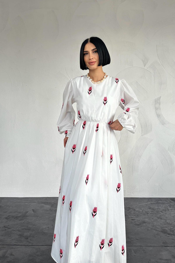 ELS Tulip Pattern Embroidered Dress - Red - Port Charlotte