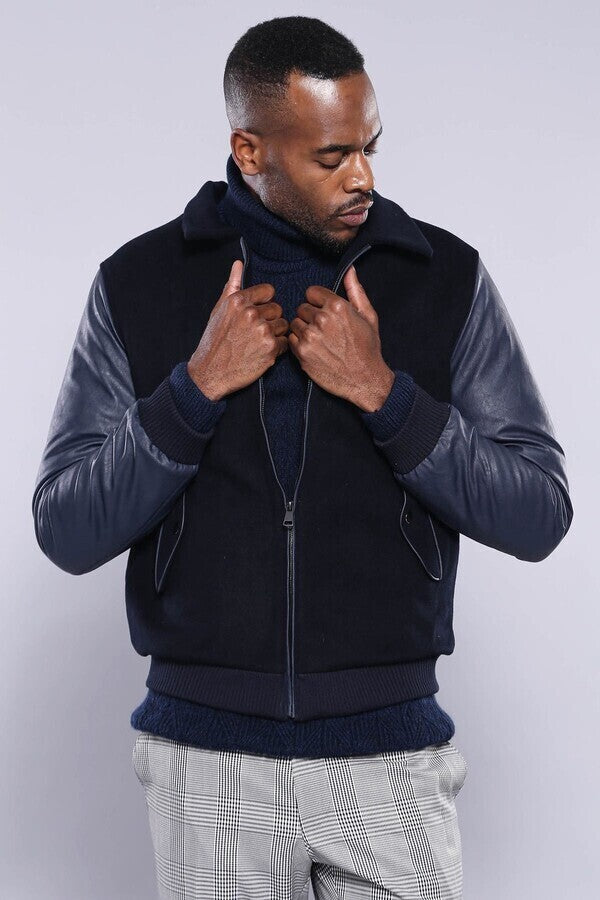 WSS Leather Sleeve Navy Blue Cachet Coat  - Holland
