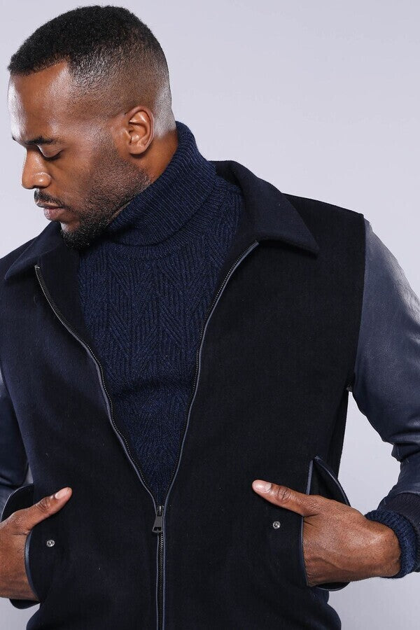 WSS Leather Sleeve Navy Blue Cachet Coat  - Holland