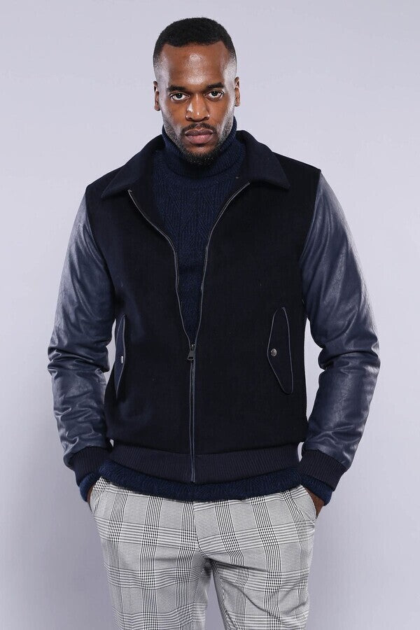 WSS Leather Sleeve Navy Blue Cachet Coat  - Holland