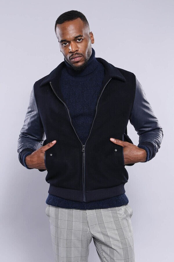 WSS Leather Sleeve Navy Blue Cachet Coat  - Holland