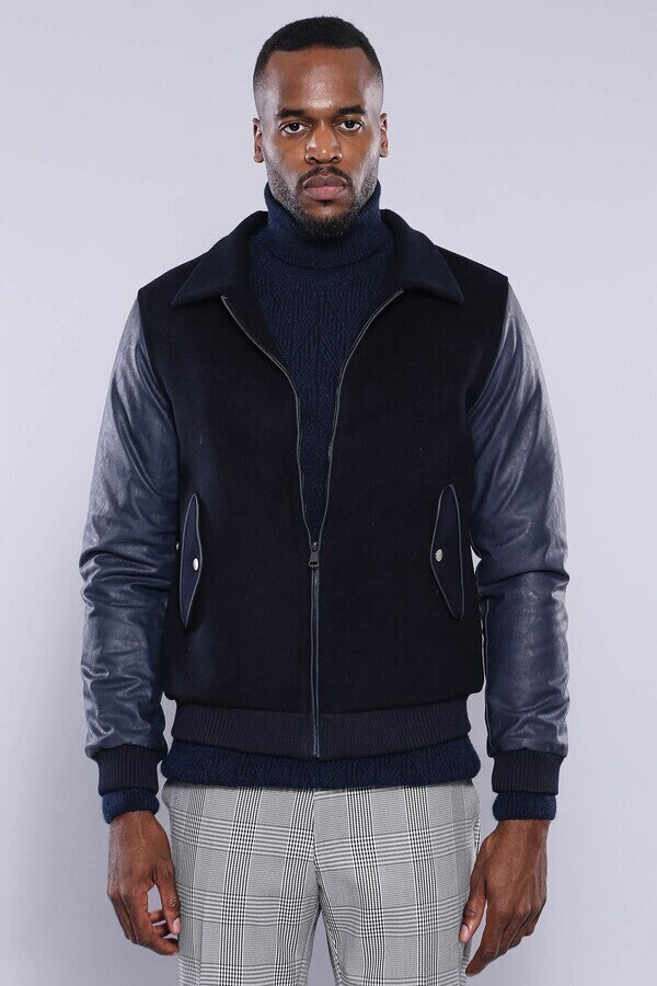WSS Leather Sleeve Navy Blue Cachet Coat  - Holland