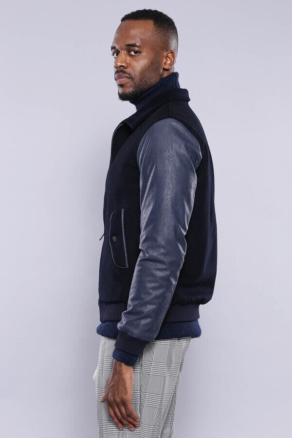 WSS Leather Sleeve Navy Blue Cachet Coat  - Holland