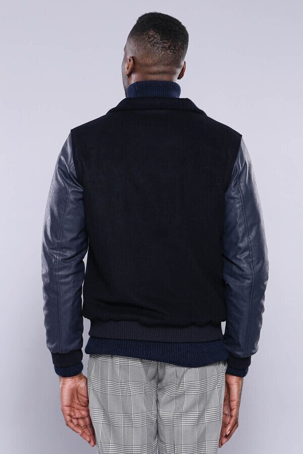 WSS Leather Sleeve Navy Blue Cachet Coat  - Holland
