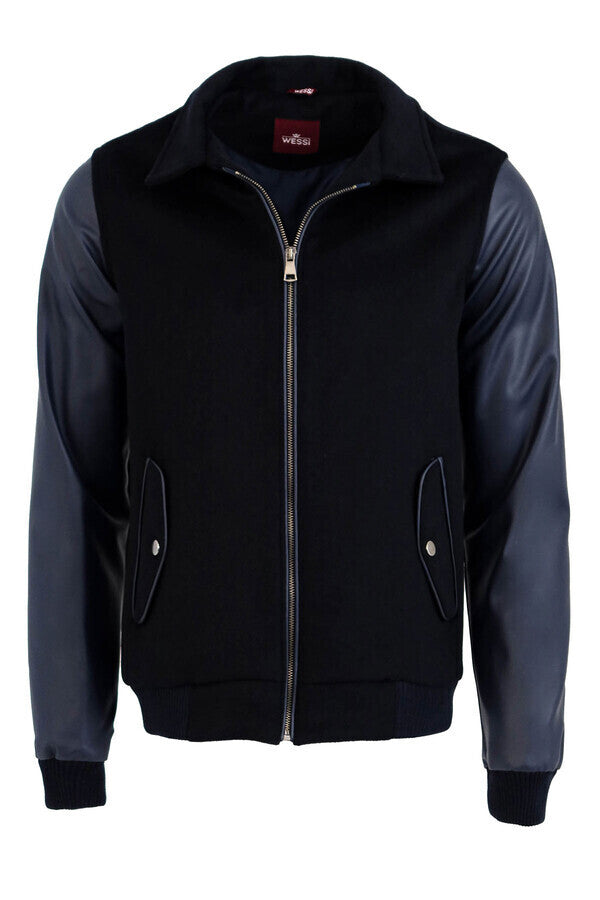 WSS Leather Sleeve Navy Blue Cachet Coat  - Holland