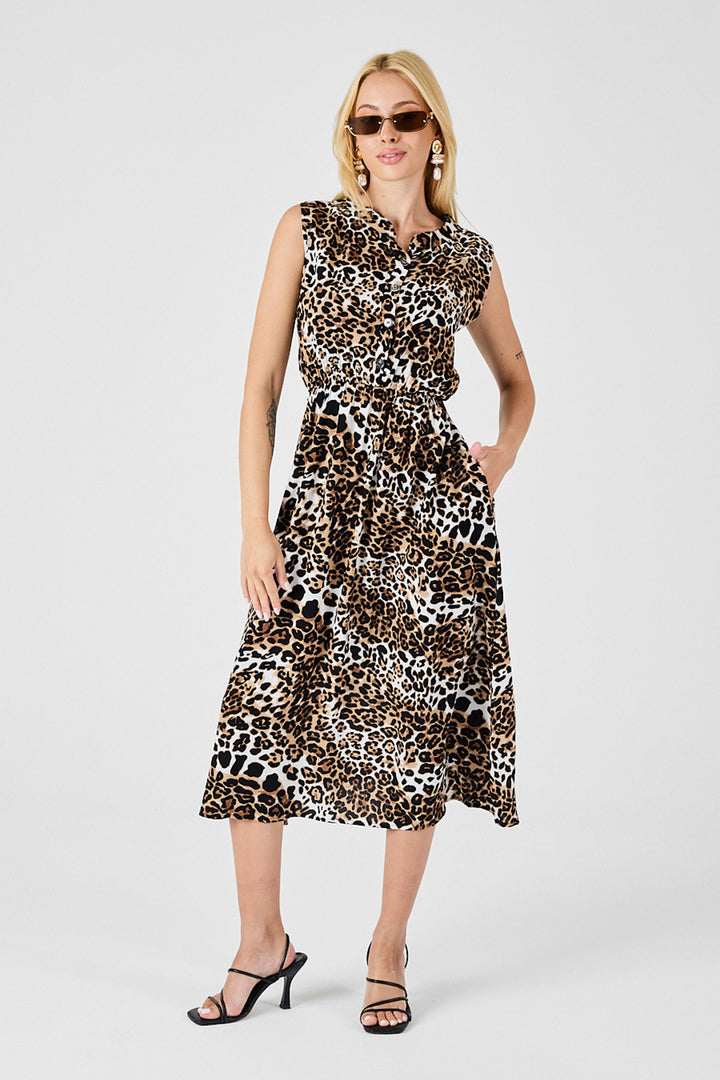 Leopard Notched Collar Buttoned Patterned Sleeveless Midi Dress BCVL-254025 - Oakville