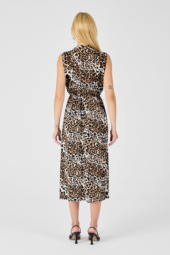 Leopard Notched Collar Buttoned Patterned Sleeveless Midi Dress BCVL-254025 - Oakville