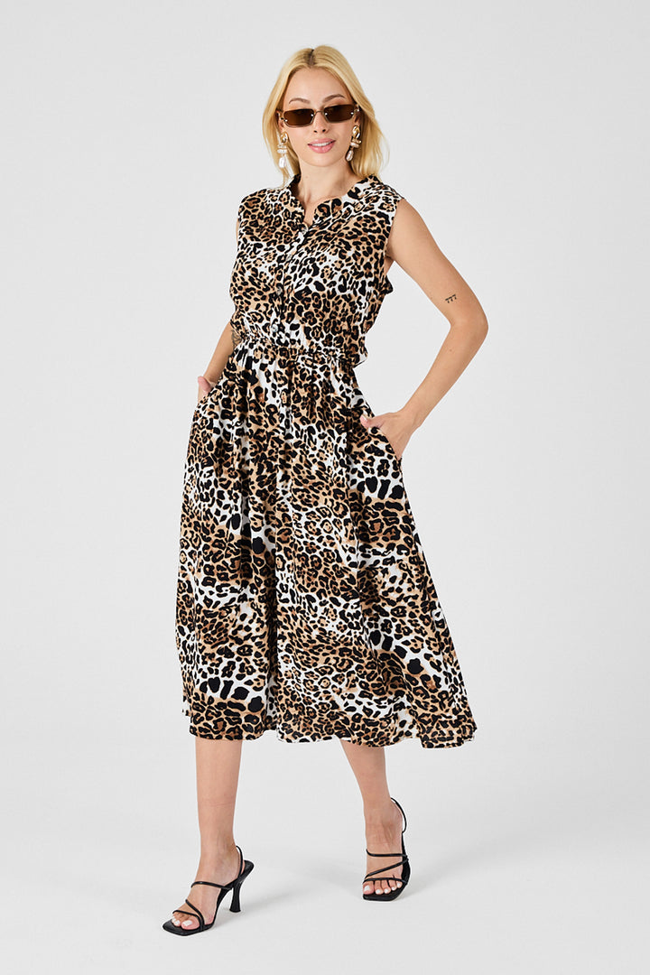 Leopard Notched Collar Buttoned Patterned Sleeveless Midi Dress BCVL-254025 - Oakville