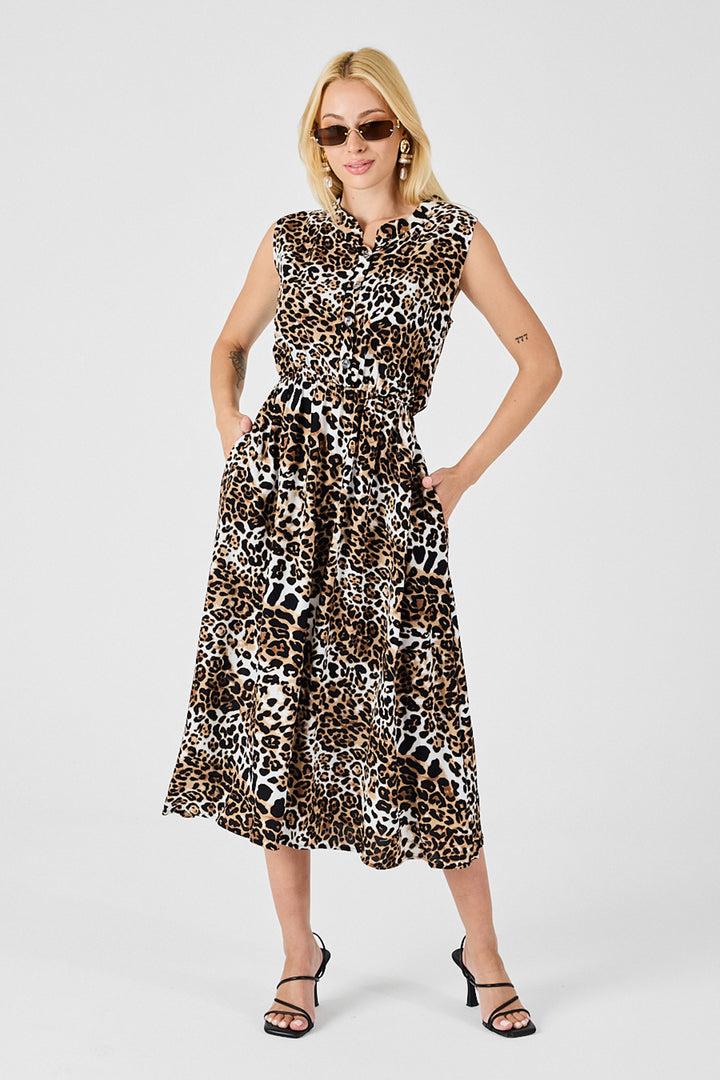 Leopard Notched Collar Buttoned Patterned Sleeveless Midi Dress BCVL-254025 - Oakville