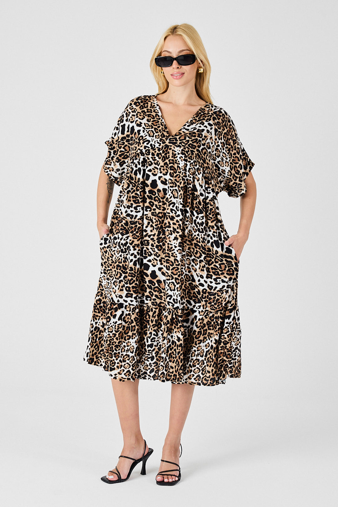 Leopard V-Neck Oversized Cut Patterned Dress with Double Pocket and Ruffle BCVL-254028 - Racine