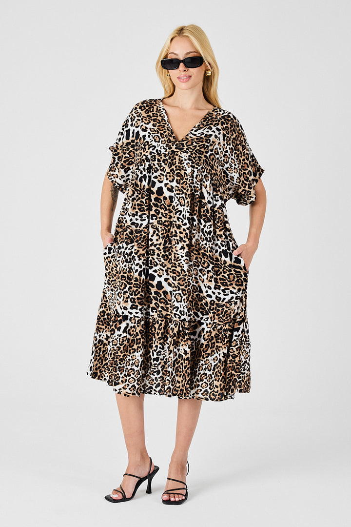 Leopard V-Neck Oversized Cut Patterned Dress with Double Pocket and Ruffle BCVL-254028 - Racine
