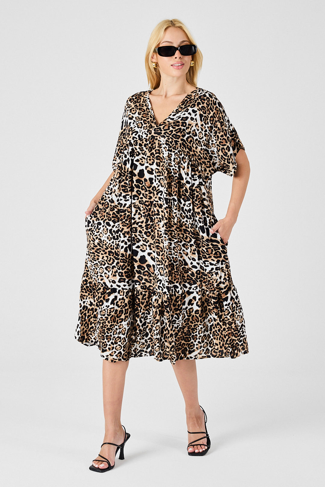 Leopard V-Neck Oversized Cut Patterned Dress with Double Pocket and Ruffle BCVL-254028 - Racine