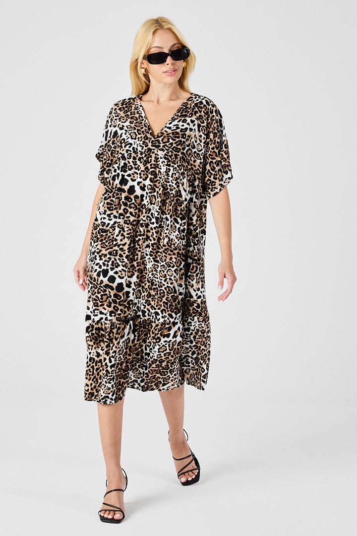 Leopard V-Neck Oversized Cut Patterned Dress with Double Pocket and Ruffle BCVL-254028 - Racine