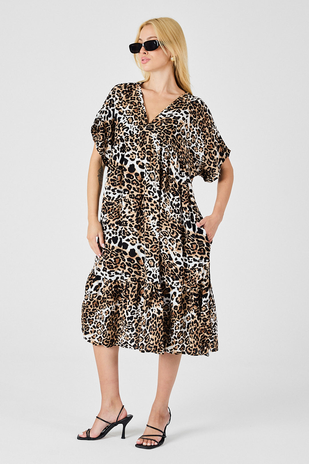 Leopard V-Neck Oversized Cut Patterned Dress with Double Pocket and Ruffle BCVL-254028 - Racine