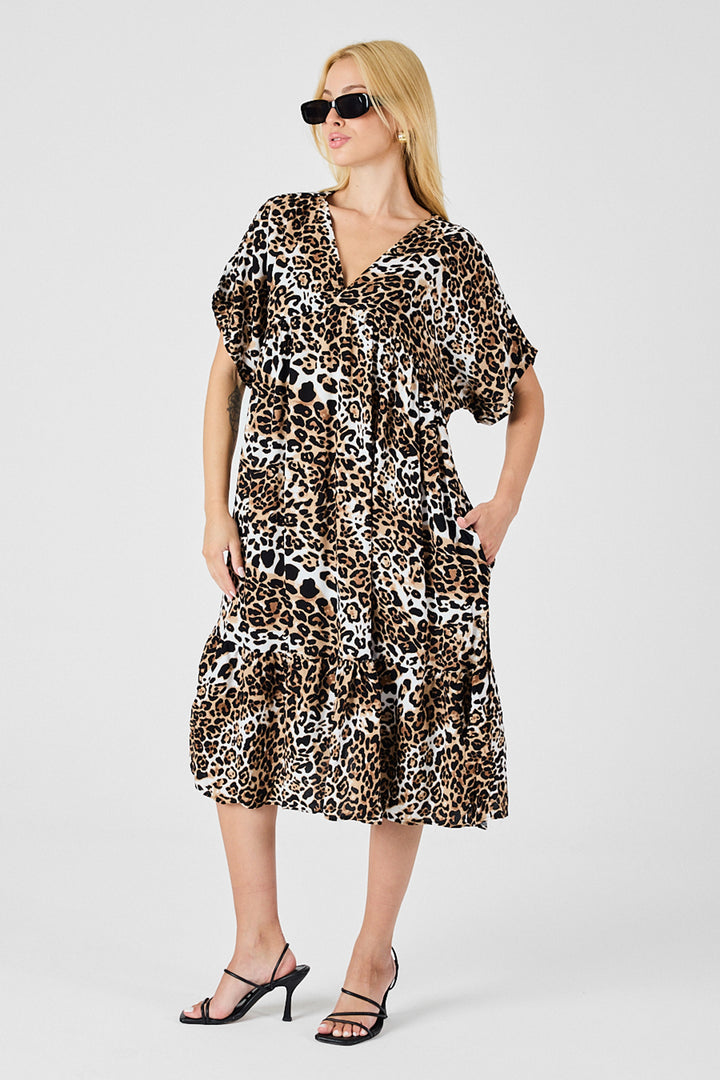 Leopard V-Neck Oversized Cut Patterned Dress with Double Pocket and Ruffle BCVL-254028 - Racine