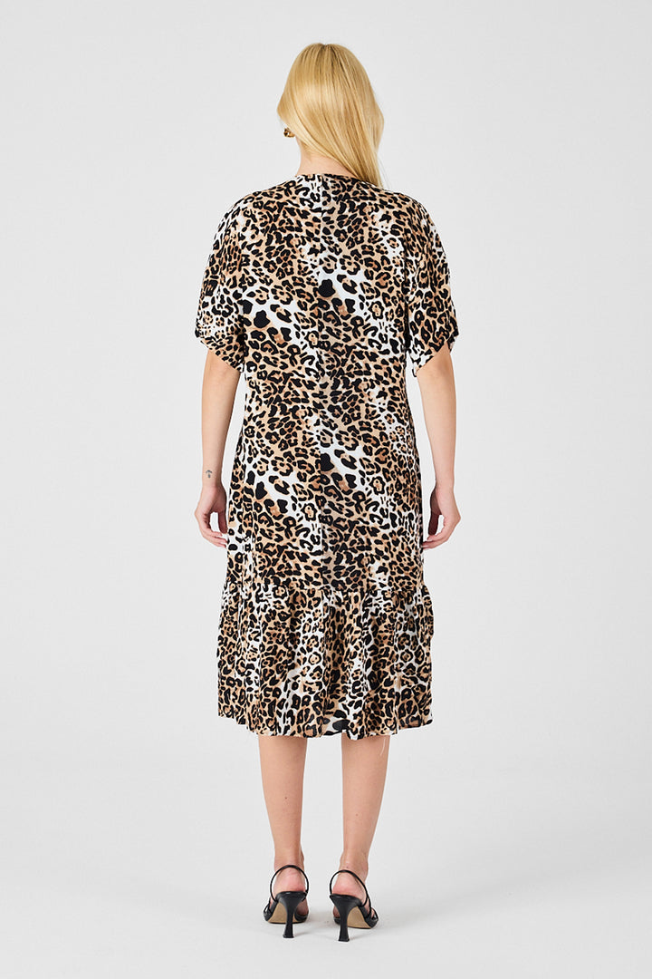 Leopard V-Neck Oversized Cut Patterned Dress with Double Pocket and Ruffle BCVL-254028 - Racine