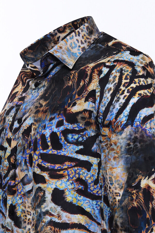 WSS Leopard Pattern Slim Fit Long Sleeves Multicolor Men Shirt  - Inca