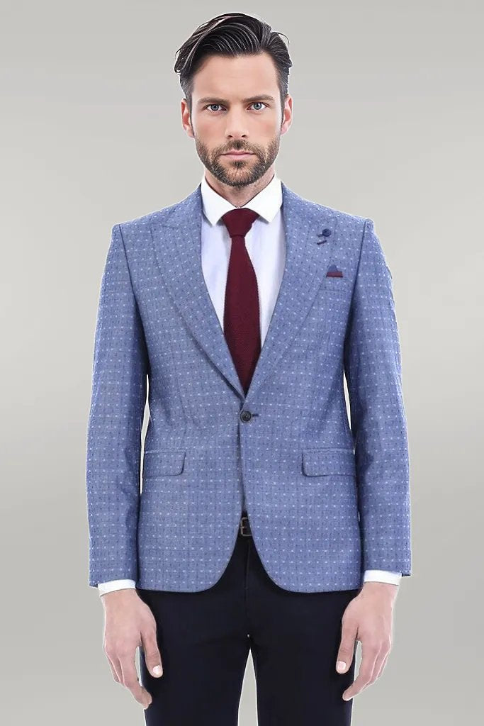 WSS Light Blue Linen Dot Patterned Jacket  - Singen