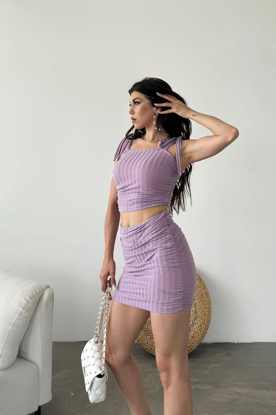 Lilac Lace Detailed Crop Blouse and Skirt Set BCDF-251085 - Breda