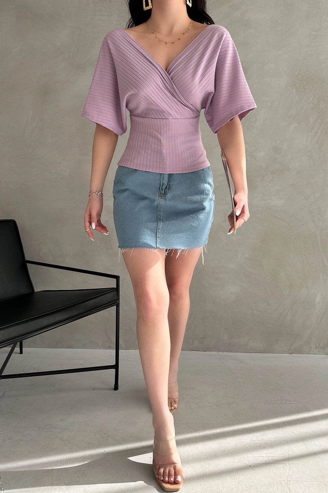 Lila V-Neck Back Cross-Strap Ribbed Blouse BCDF-252177 - Chicopee