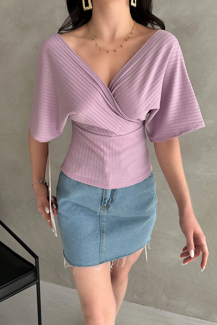 Lila V-Neck Back Cross-Strap Ribbed Blouse BCDF-252177 - Chicopee