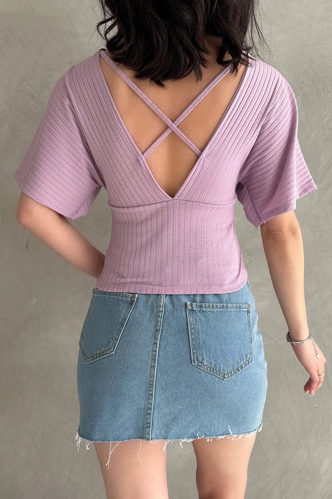 Lila V-Neck Back Cross-Strap Ribbed Blouse BCDF-252177 - Chicopee