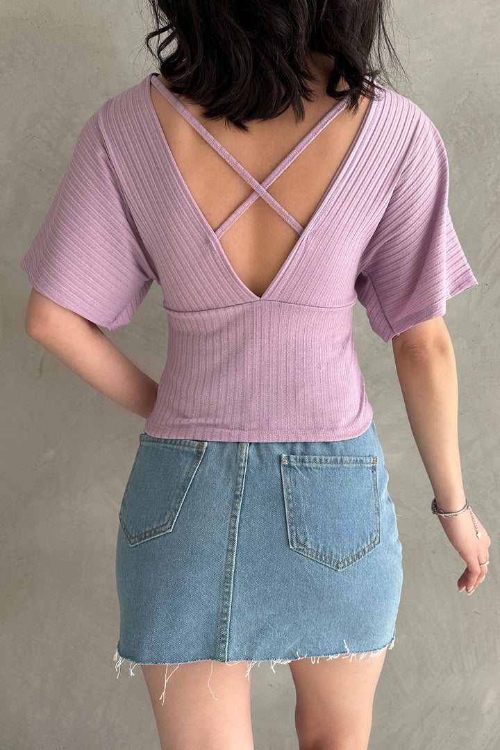 Lila V-Neck Back Cross-Strap Ribbed Blouse BCDF-252177 - Chicopee